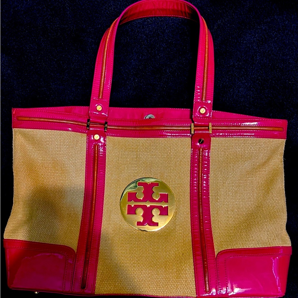 Tory Burch Straw Saddle Jane Tote Bag